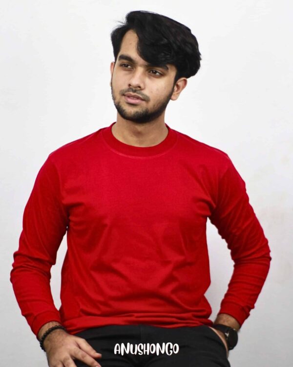 Dark RED Full Sleeve Solid -T-Shirt (Unisex) - Image 2